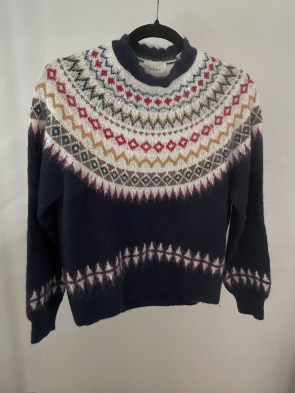 DOEN HARVEST FAIR ISLE MOHAIR MERINO WOOL NAVY BLUE SWEATER SIZE S